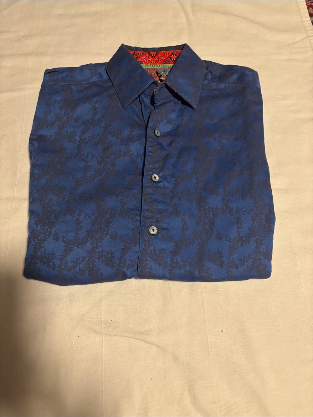 Robert Graham Blue Tonal Pattern Dress Shirt with Contrasting Collar Trim